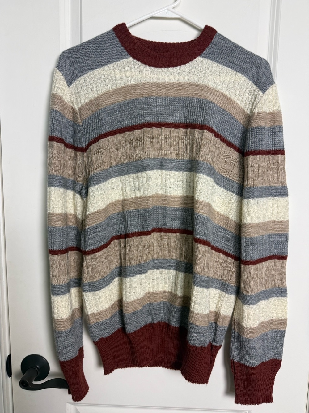 Damo Striped Crewneck Sweater in Cream, Gray, Tan & Brown
